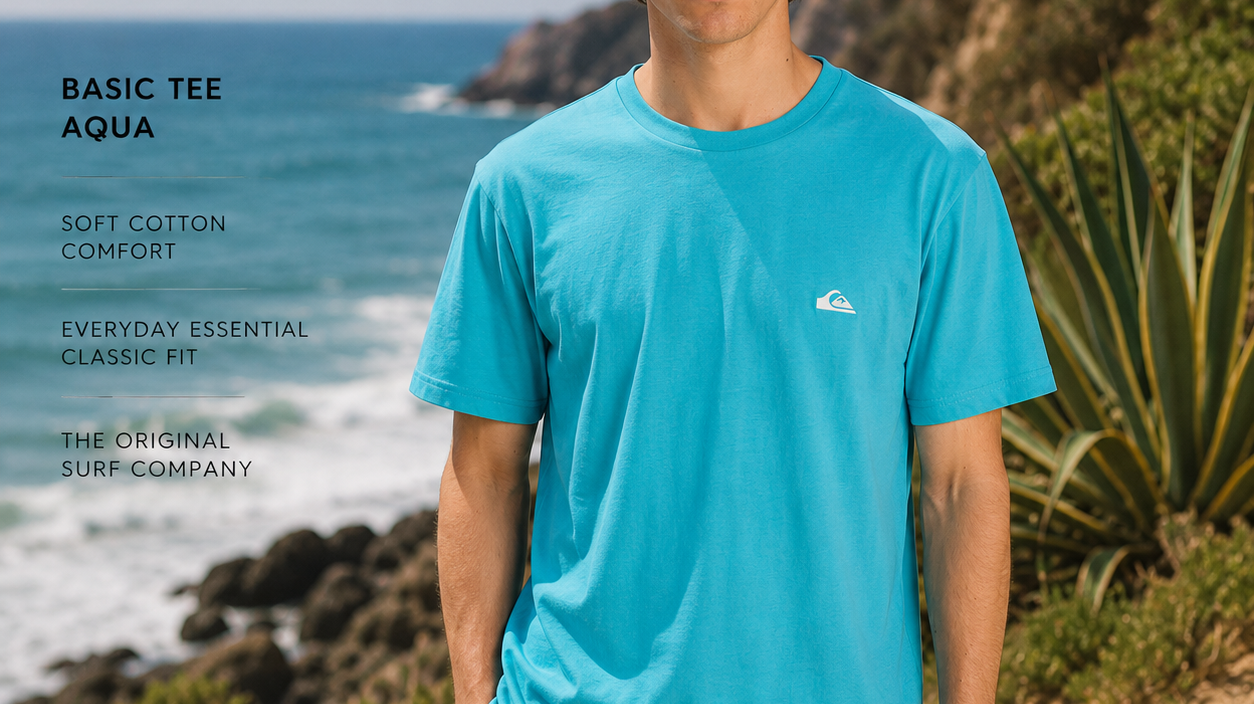 Guía de tallas Quiksilver para hombre con medidas de camisetas, cortes slim, regular y clásico en THE SURF TOWN