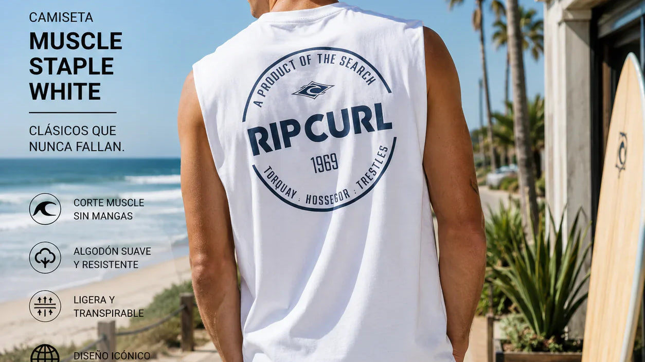 Camisetas Muscle para hombre de Rip Curl, Billabong y Quiksilver, la tendencia del verano 2026 en moda surf. Modelos sin mangas con estilo moderno disponibles en THE SURF TOWN.