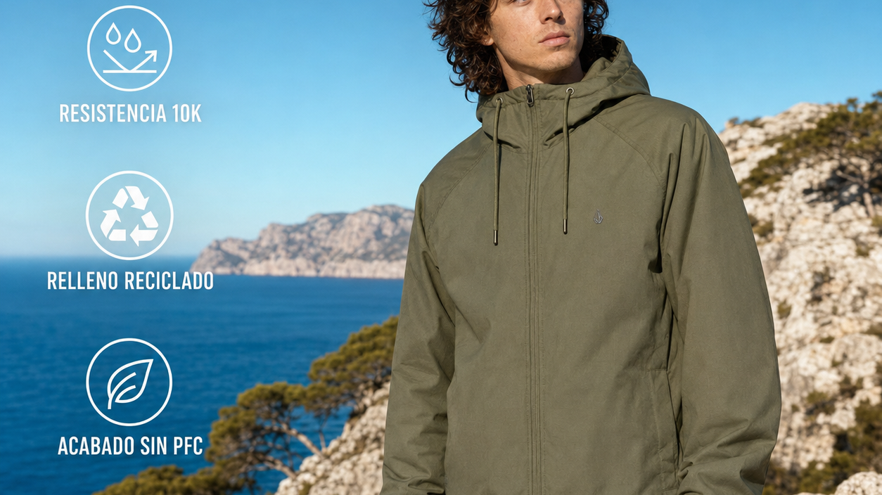 Chaqueta Volcom Hernan 10K Jacket Wintermoss en escena editorial, imagen editorial propia de THE SURF TOWN
