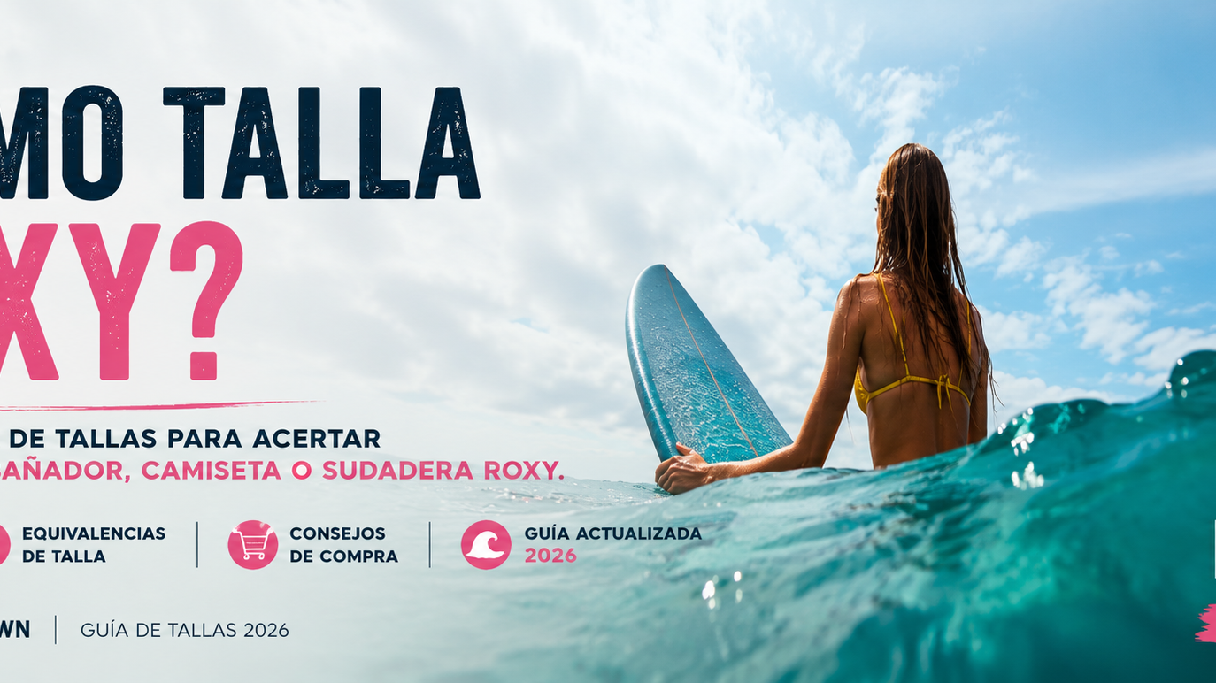 Guía definitiva sobre cómo talla Roxy para mujer con fotografía editorial surf de una surfista en el mar y consejos para elegir la talla correcta en bikinis, bañadores, camisetas y sudaderas Roxy.
