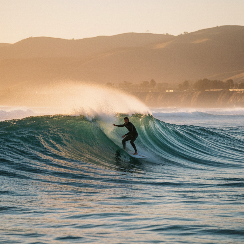 Surfista realiza un giro potente sobre una ola limpia del océano al amanecer