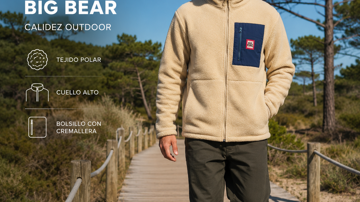 Forro polar Rip Curl Streamline Big Bear Khaki Sand para hombre en escena editorial, imagen editorial propia de THE SURF TOWN