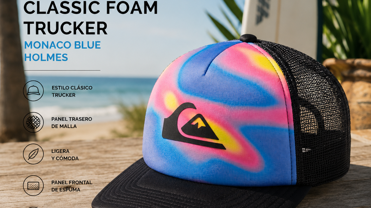 Gorra Quiksilver trucker con visera curva y ajuste snapback - imagen editorial propia de THE SURF TOWN