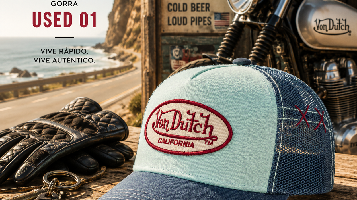 Hombre y mujer combinando gorras Von Dutch originales con looks casuales, surf y streetwear en THE SURF TOWN.