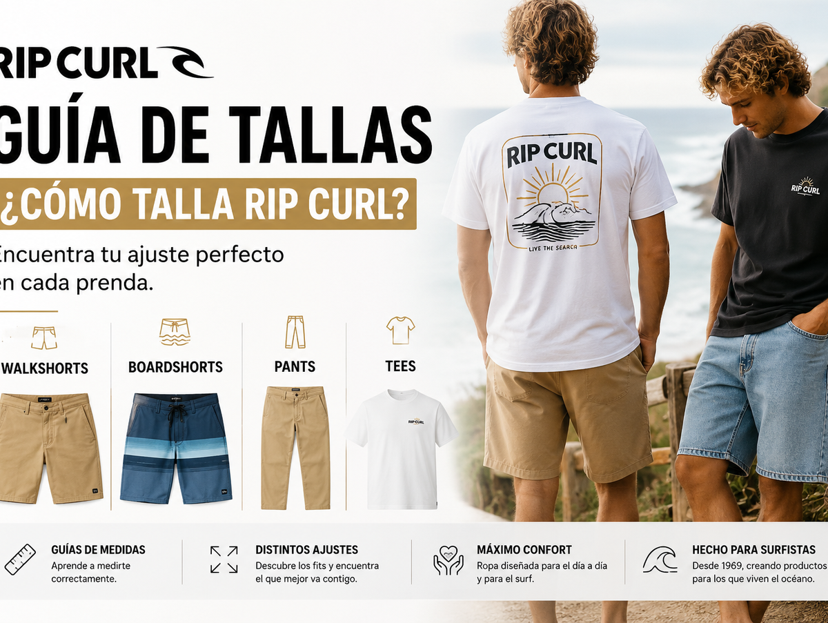 Guía de tallas Rip Curl con información sobre fits, cortes y medidas de camisetas, camisas, bañadores, bermudas y pantalones