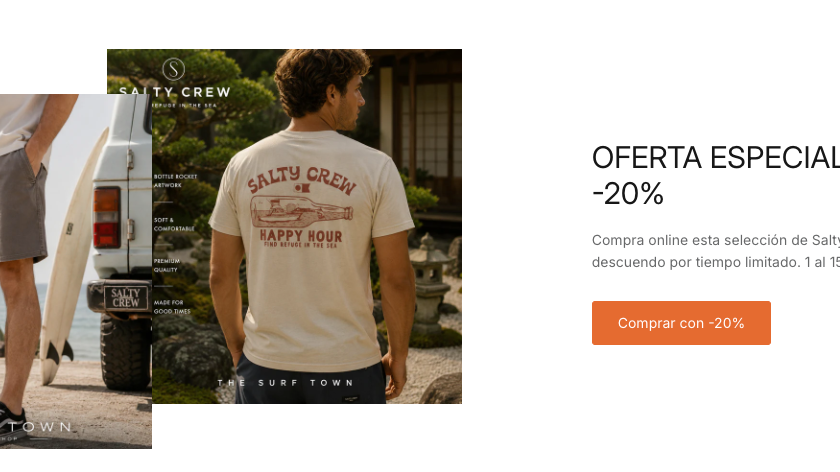 Oferta especial Salty Crew con un 20% de descuento en una selección de ropa surf para hombre disponible hasta el 15 de julio en THE SURF TOWN.