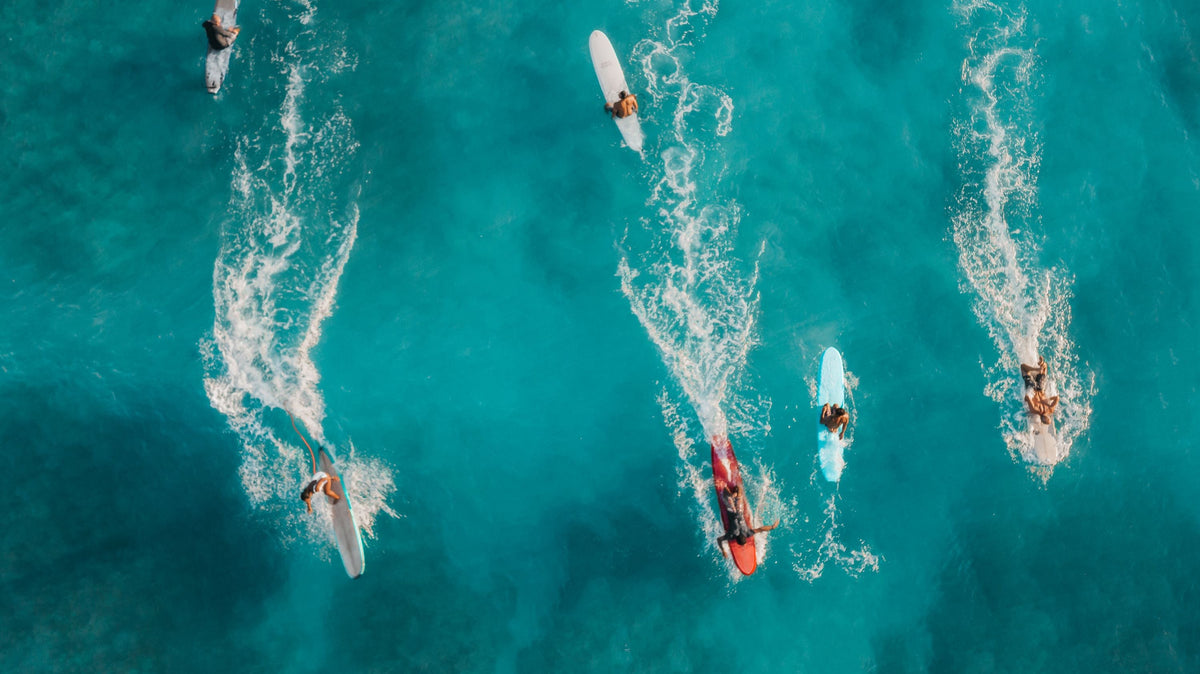 Lineup de surfistas visto desde el aire con una ola abriendo