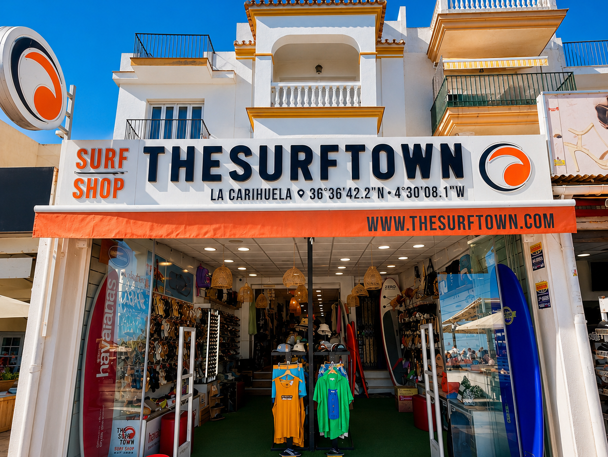 tienda de surf en el paseo maritimo de la carihuela torremolinos con las marcas mas famosas de surf, quiksilver, billabong, rvca,rip curl, reef, havaianas, ipanema, salty crew, hurley, vissla...