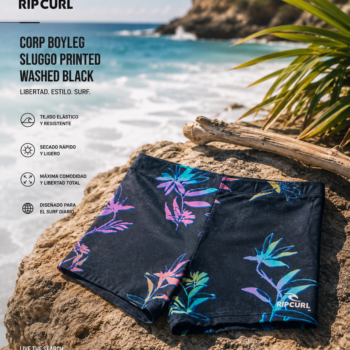 bañador rip curl de natacion de pantalon corto pegado como una licra con estampado floral