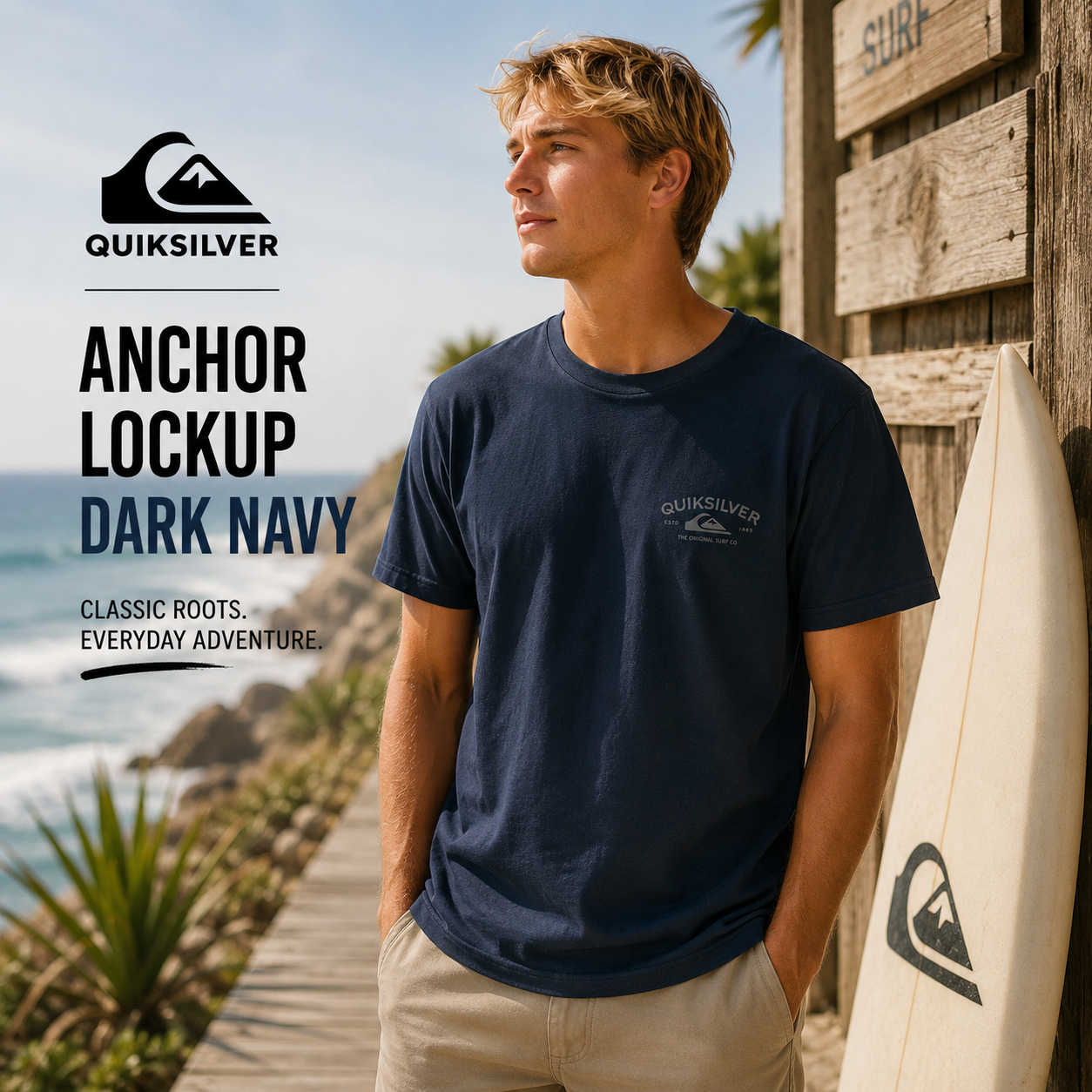 Camiseta Quiksilver Anchor Lockup Dark Navy hombre en campaña surf lifestyle premium junto al océano y surf shack soleada