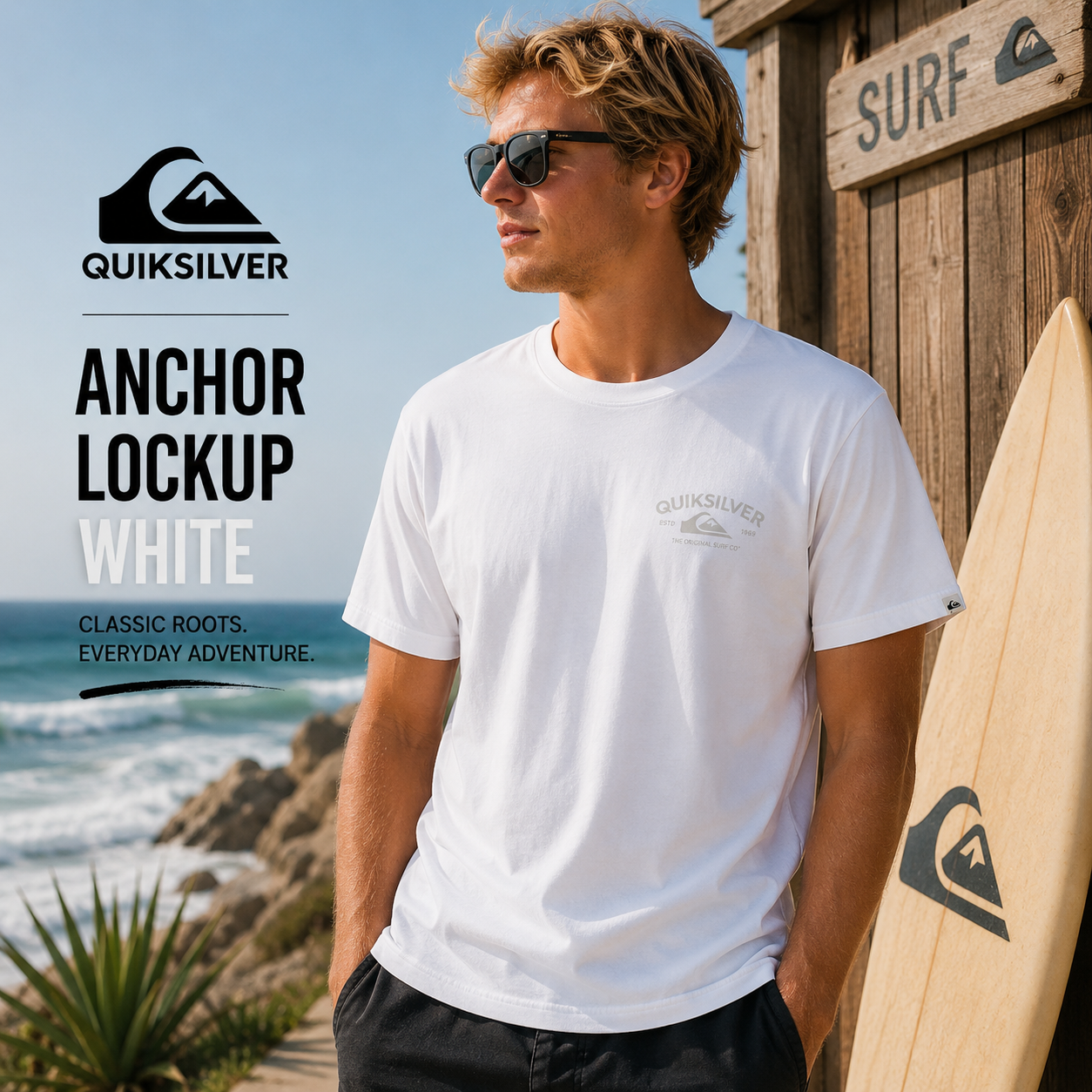 Camiseta Quiksilver Anchor Lockup White hombre en campaña surf lifestyle premium junto al océano y surf shack soleada