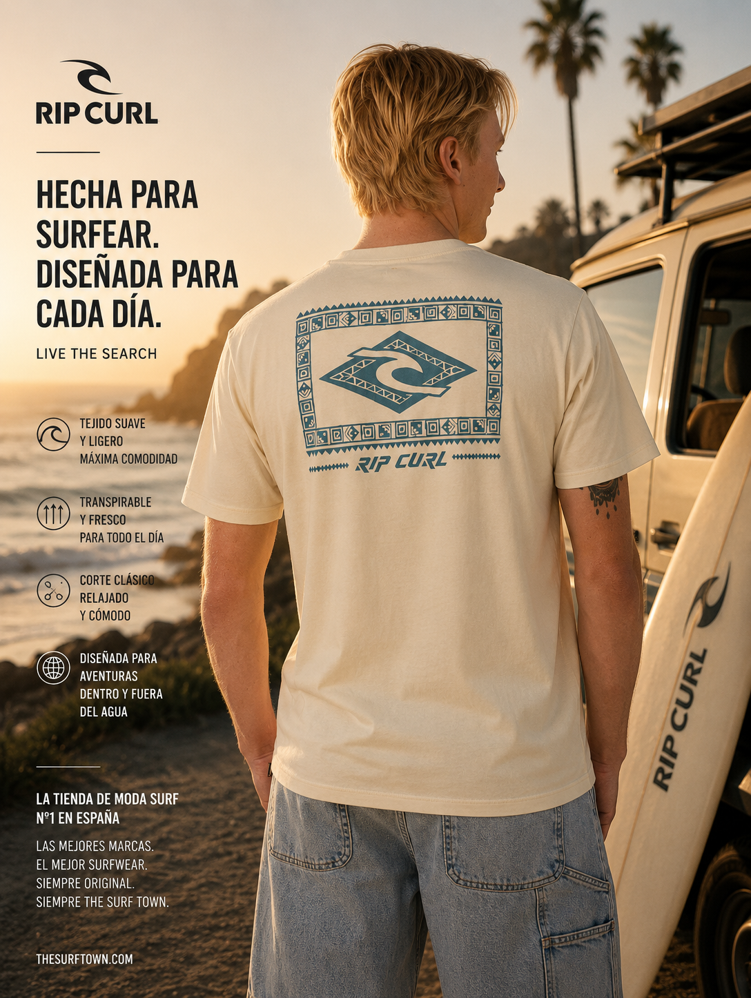 Camiseta beige Rip Curl para hombre con estampado trasero surfwear y estilo beach lifestyle premium