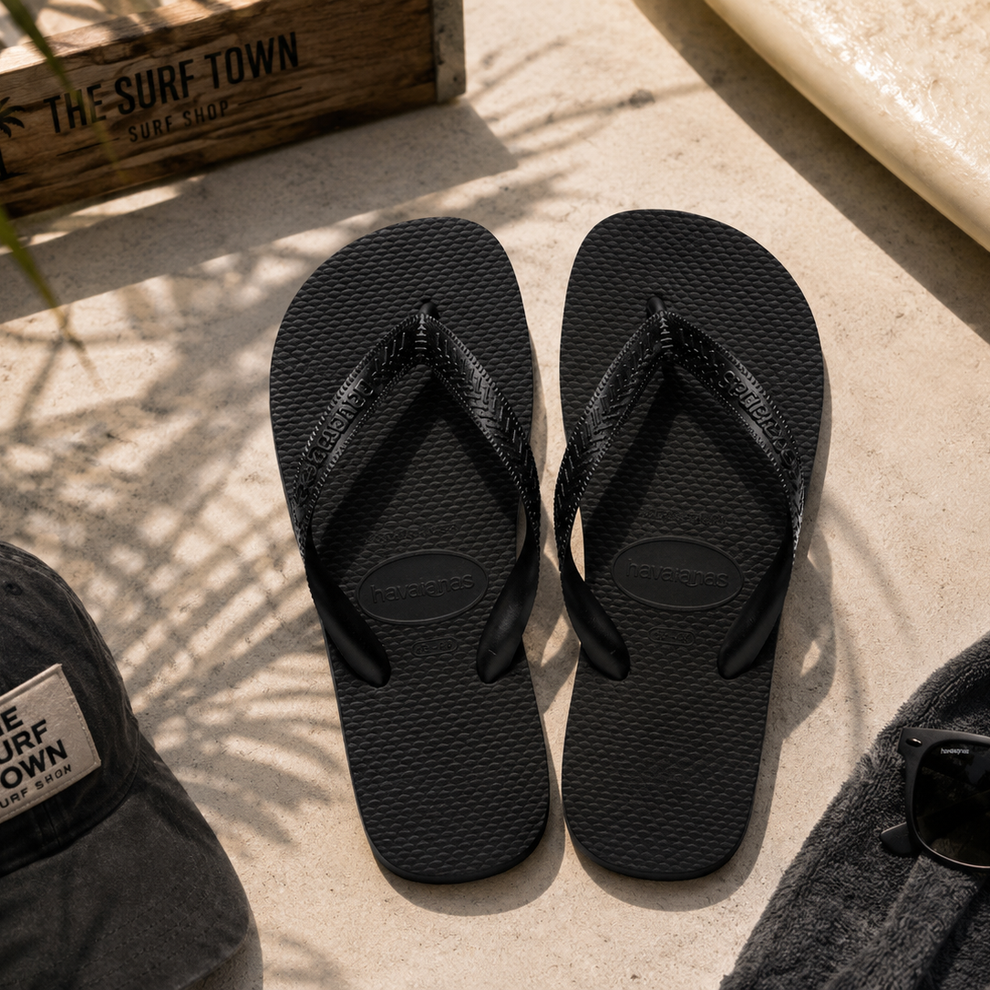 Chanclas Havaianas Top negras sobre suelo mediterráneo junto a tabla de surf y accesorios surferos premium con detalle The Surf Town Surf Shop