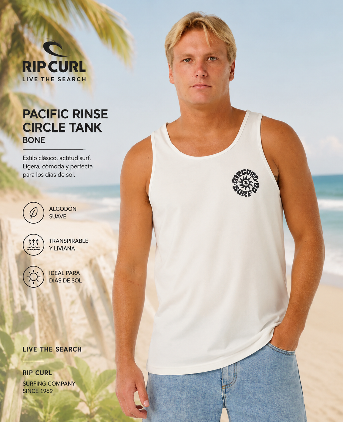Camiseta de tirantes Rip Curl Pacific Rinse Circle Tank Bone para hombre en escena surf lifestyle premium
