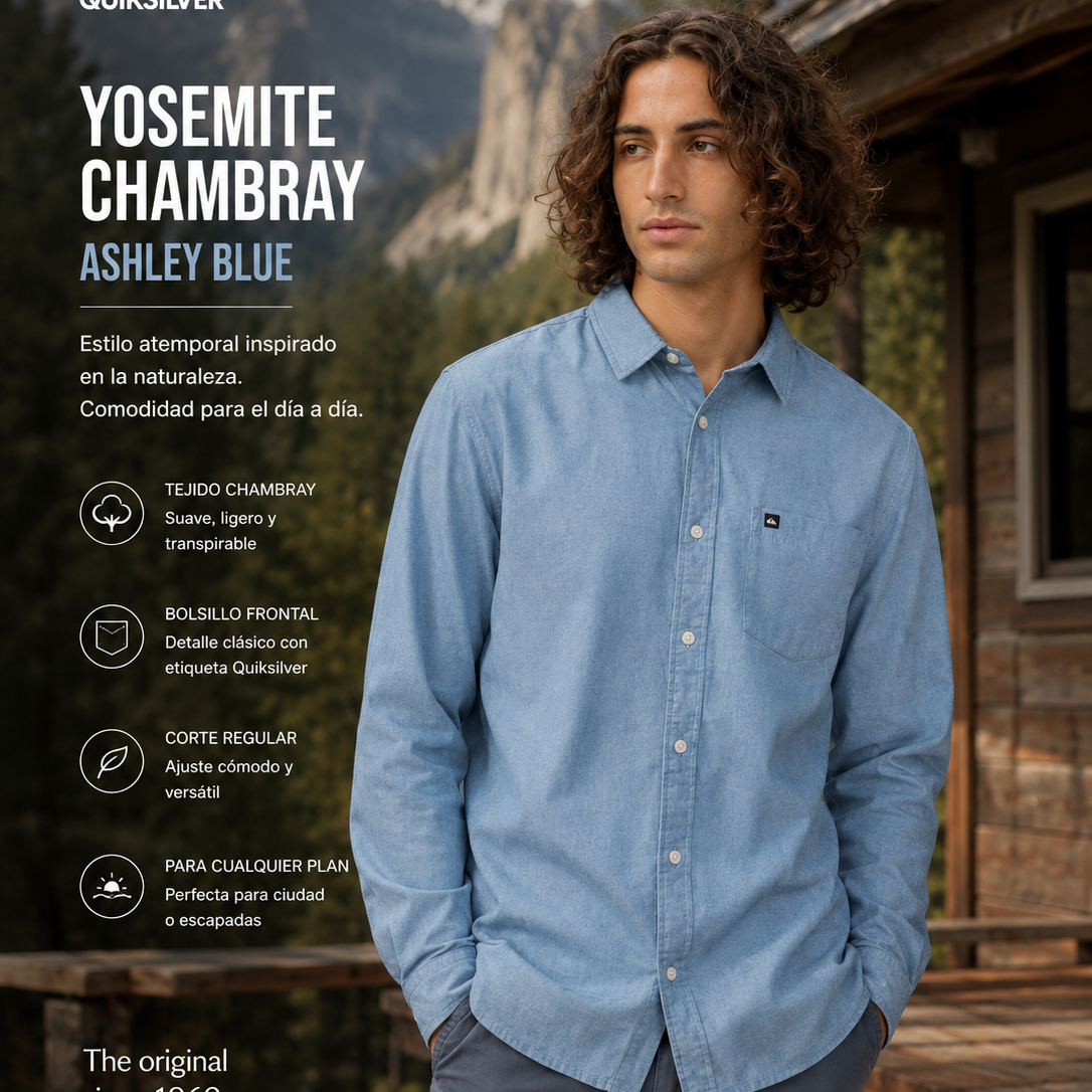 Camisa Quiksilver Yosemite Chambrayls Ashley Blue estilo outdoor surf premium para hombre