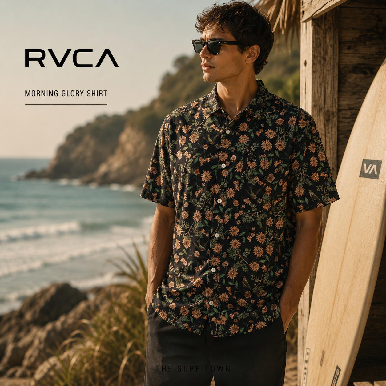 Camisa RVCA Morning Glory Shirt para hombre con estampado floral tropical y estilo surf premium