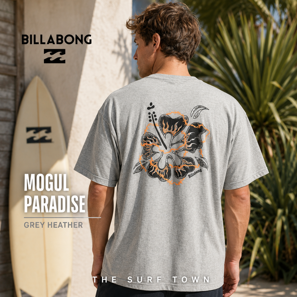 Camiseta Billabong Mogul Paradise Grey Heather oversize para hombre con estampado floral en la espalda