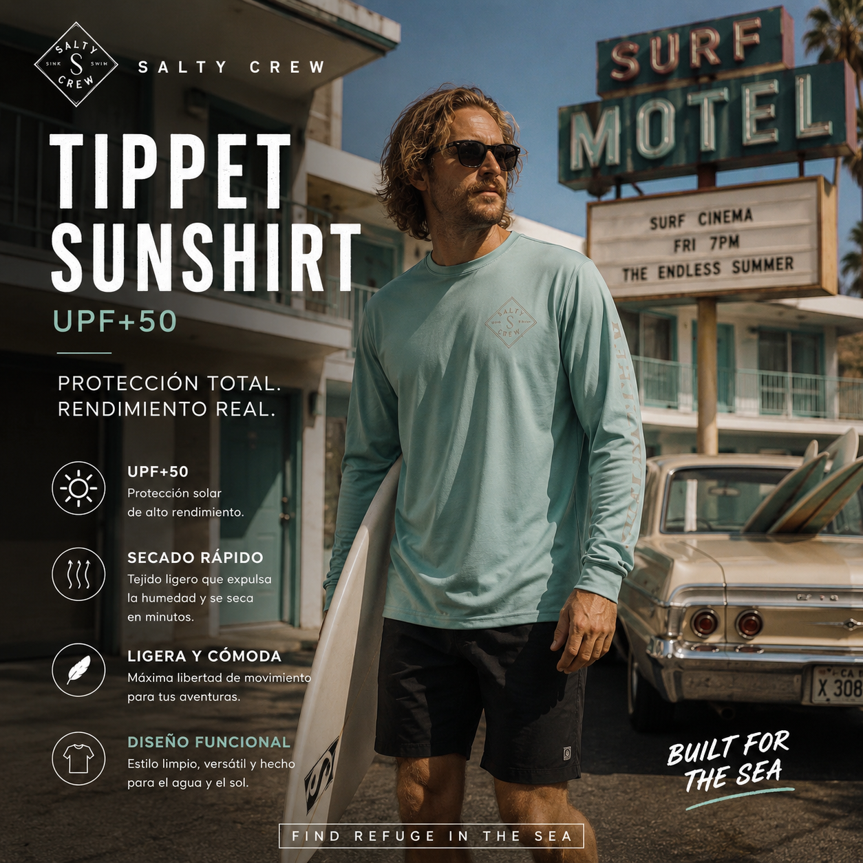 Licra Salty Crew Tippet Sunshirt UPF+50 Mackerel en motel retro surf cinema con estilo surf lifestyle premium