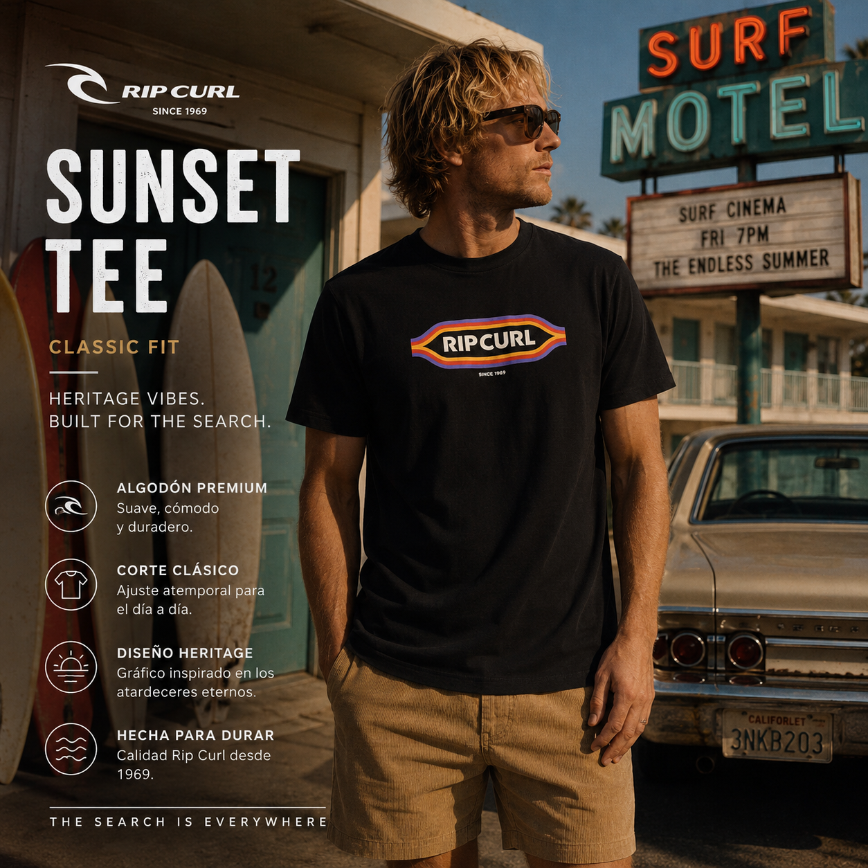Camiseta Rip Curl Sunset Tee Black en motel retro surf cinema con estilo surfwear clásico y ambiente lifestyle premium