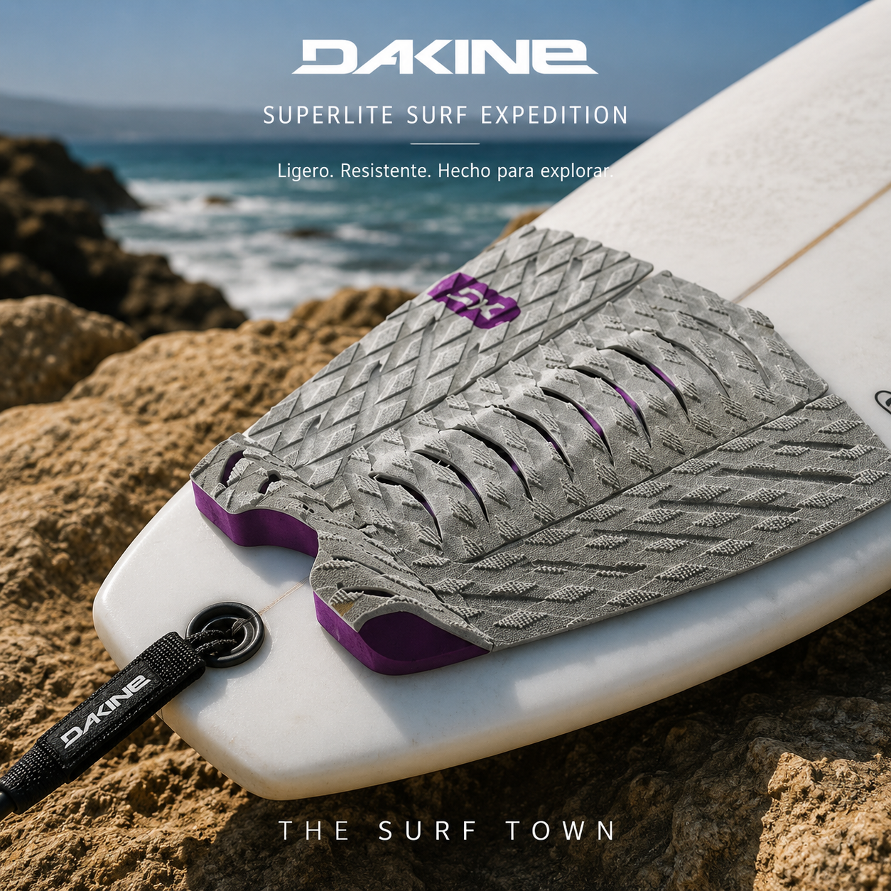 Grip Dakine Superlite Surf Expedition sobre tabla de surf en fotografía editorial propia de THE SURF TOWN, accesorio de surf de alto agarre para surfistas que buscan máximo control y ligereza