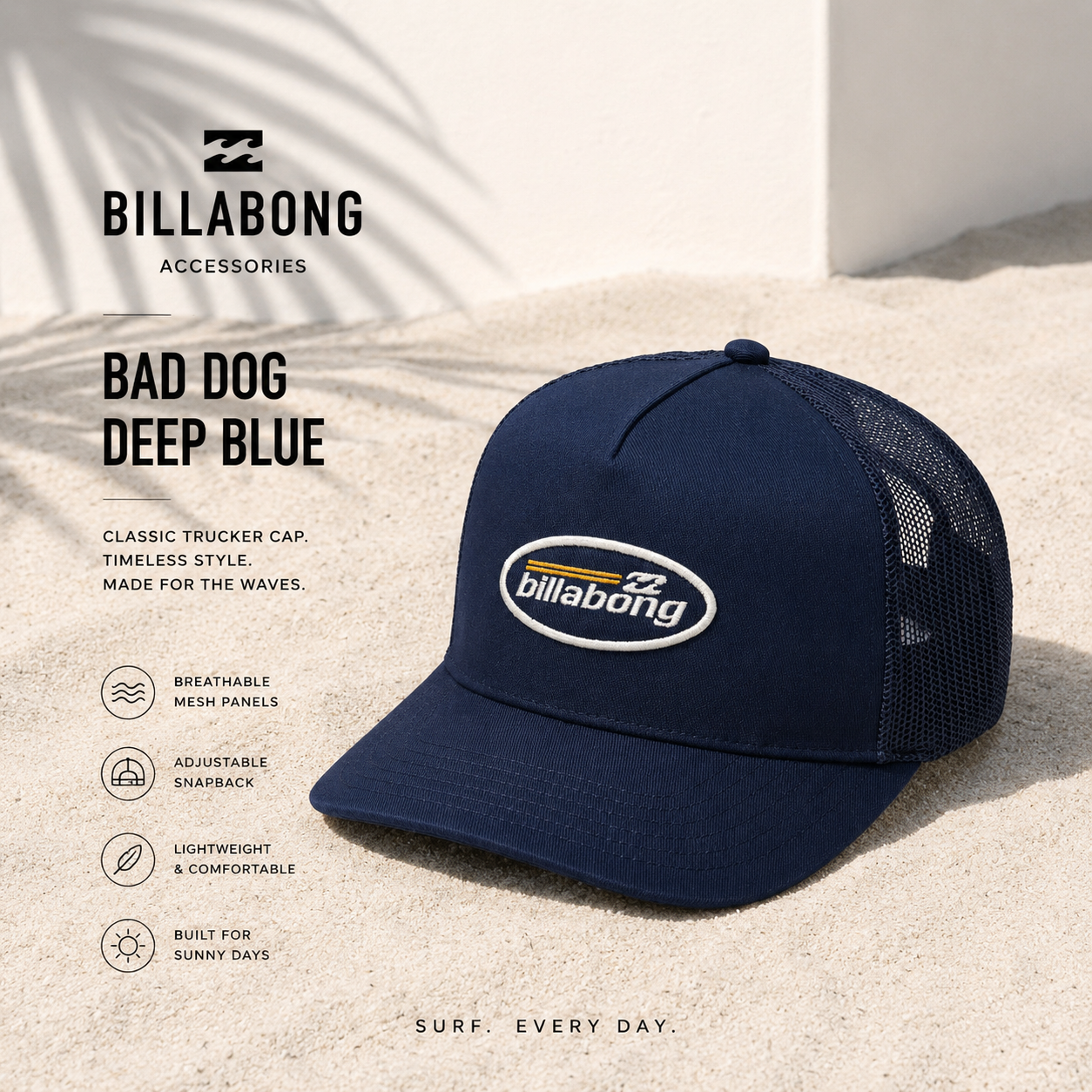 Gorra Billabong Bad Dog Deep Blue con diseño trucker azul marino y estilo surf clásico