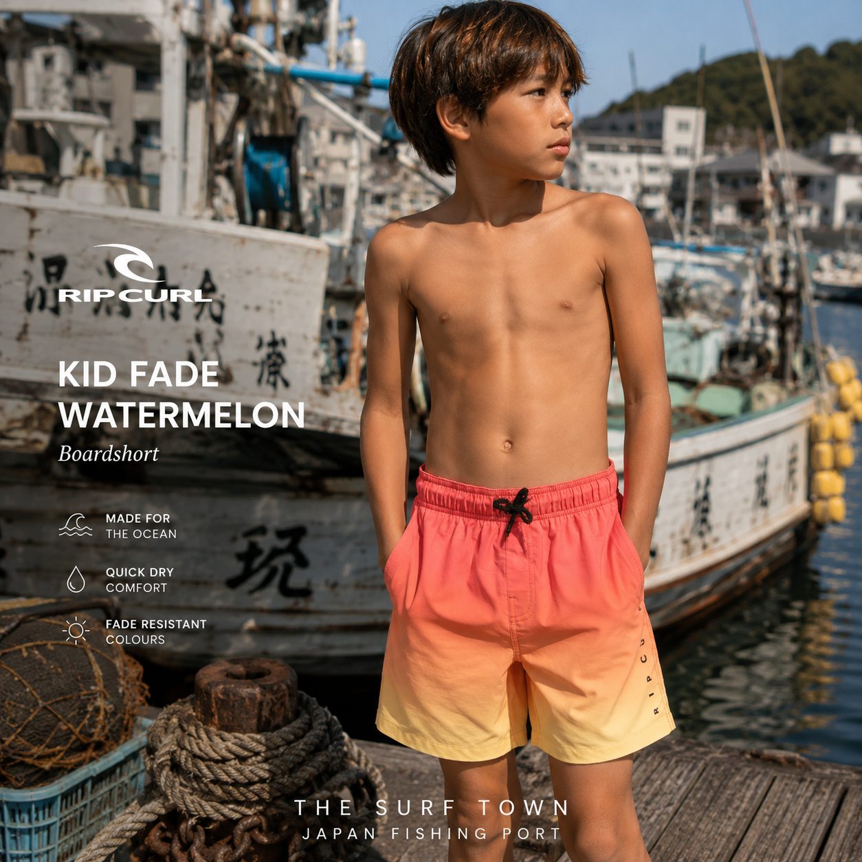 Fotografía propia de THE SURF TOWN del bañador Rip Curl Kid Fade Watermelon para niño en un puerto pesquero japonés con barcos tradicionales, cuerdas marineras y ambiente surf lifestyle premium.