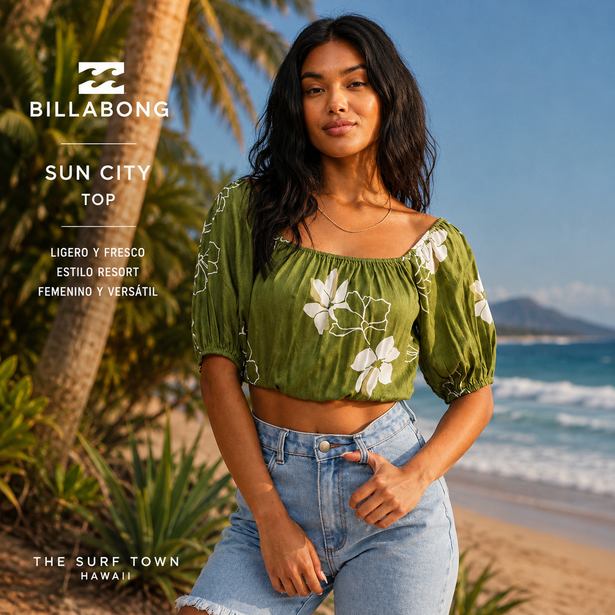 Top Billabong Sun City Fern en fotografía editorial propia de THE SURF TOWN con estampado floral tropical, estilo resort femenino y look veraniego premium junto al mar