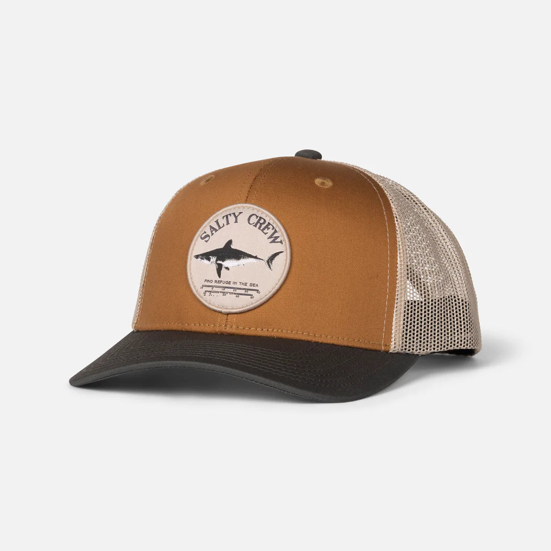 Gorra SALTY CREW Bruce Trucker Brown Iron marrón con rejilla y parche frontal estilo surf