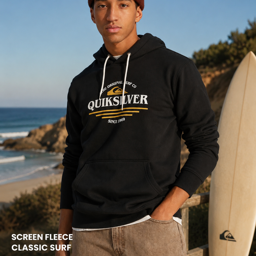 Sudadera Quiksilver Screen Fleece Classic Surf Black negra estilo surfwear premium para hombre