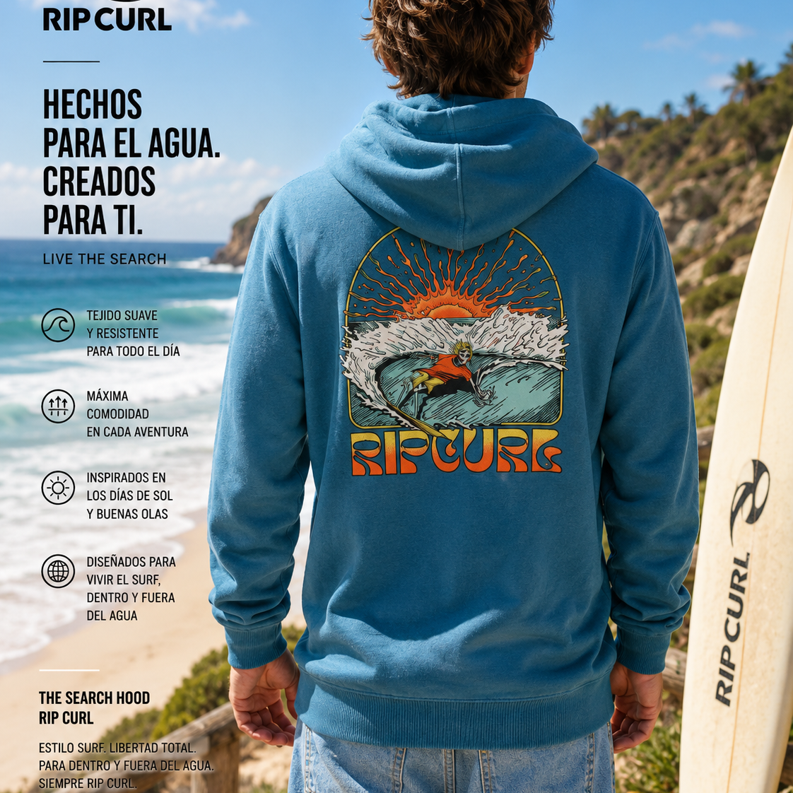 Sudadera Rip Curl Search Hood azul para hombre con estampado surfero y estilo surfwear premium