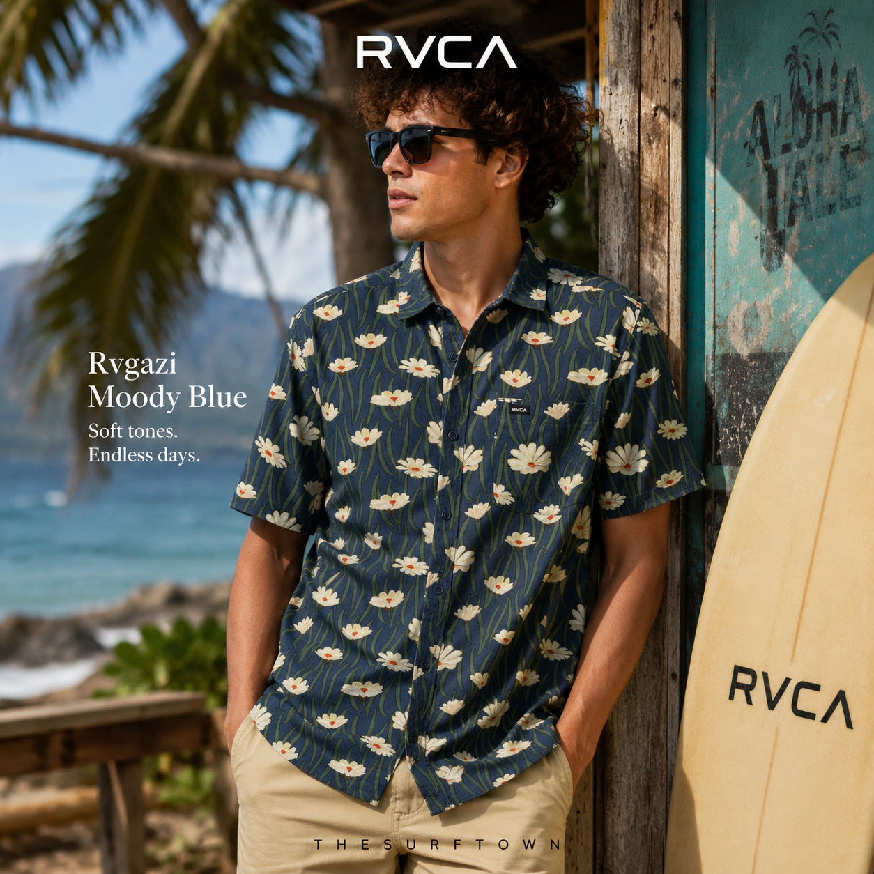 Camisa RVCA Rvgazi Moody Blue para hombre con estampado floral y estilo surf tropical premium