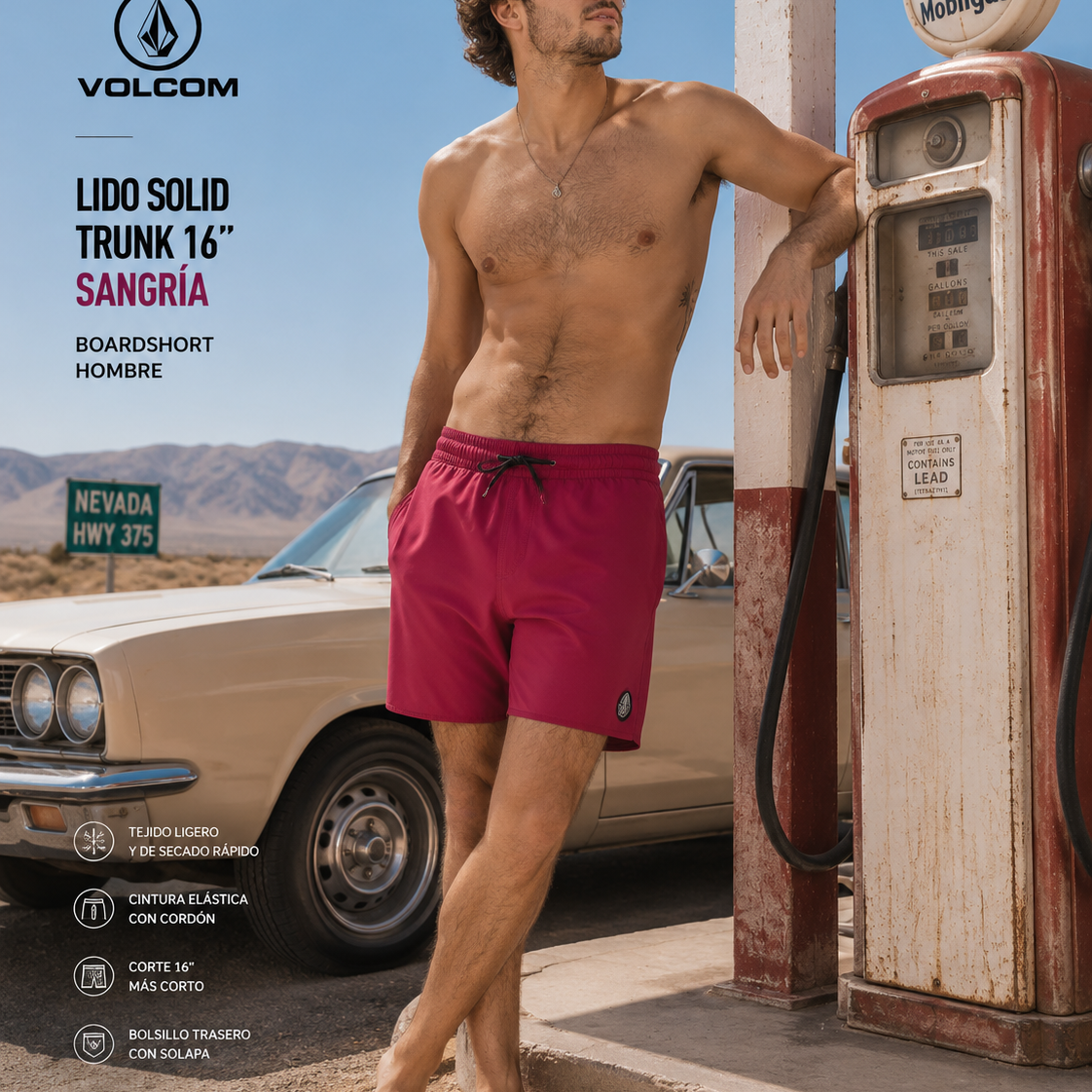 Bañador Volcom Lido Solid Trunk 16 Sangría para hombre en escena roadtrip desierto Nevada lifestyle premium