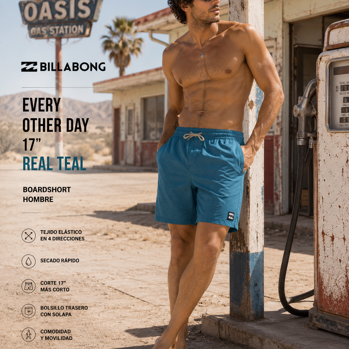 Bañador Billabong Every Other Day 17 Real Teal para hombre en escena oasis gas station desierto Nevada lifestyle premium