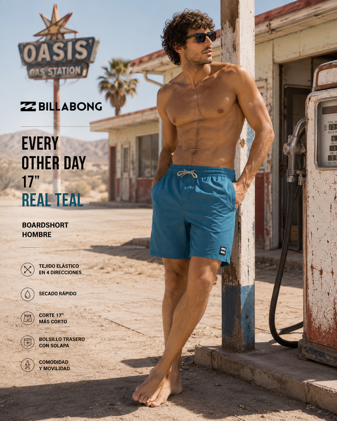 Bañador Billabong Every Other Day 17 Real Teal para hombre en escena oasis gas station desierto Nevada lifestyle premium
