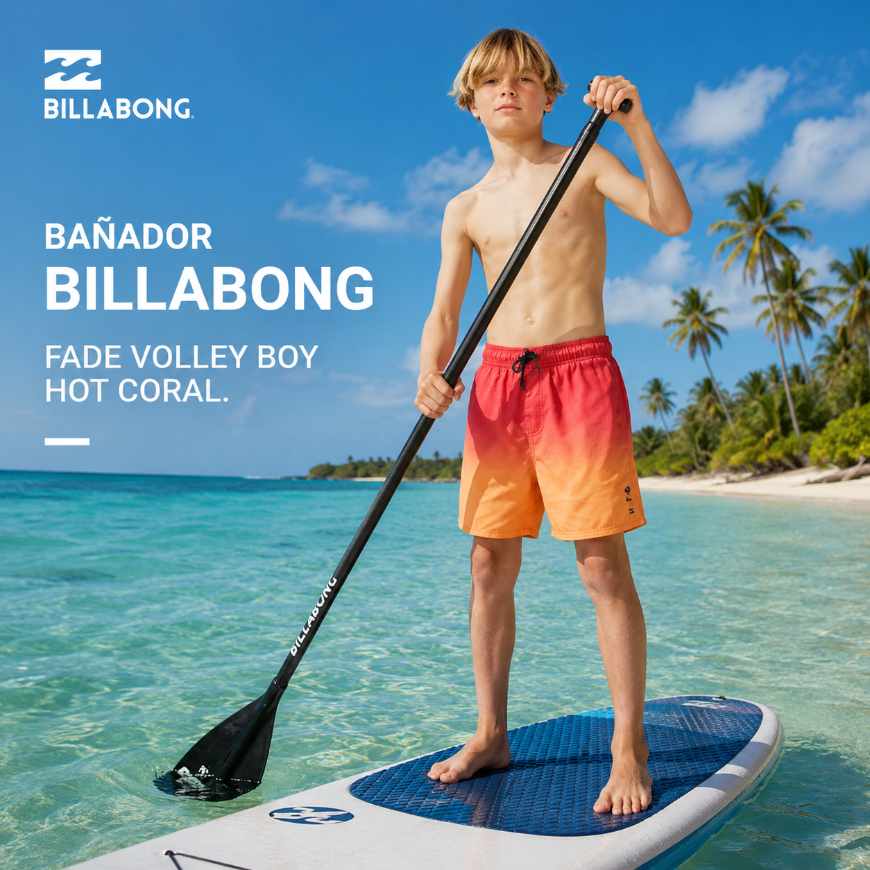Bañador Billabong Fade Volley Boy Hot Coral para niño en fotografía editorial propia de THE SURF TOWN practicando paddle surf en una playa tropical del Caribe