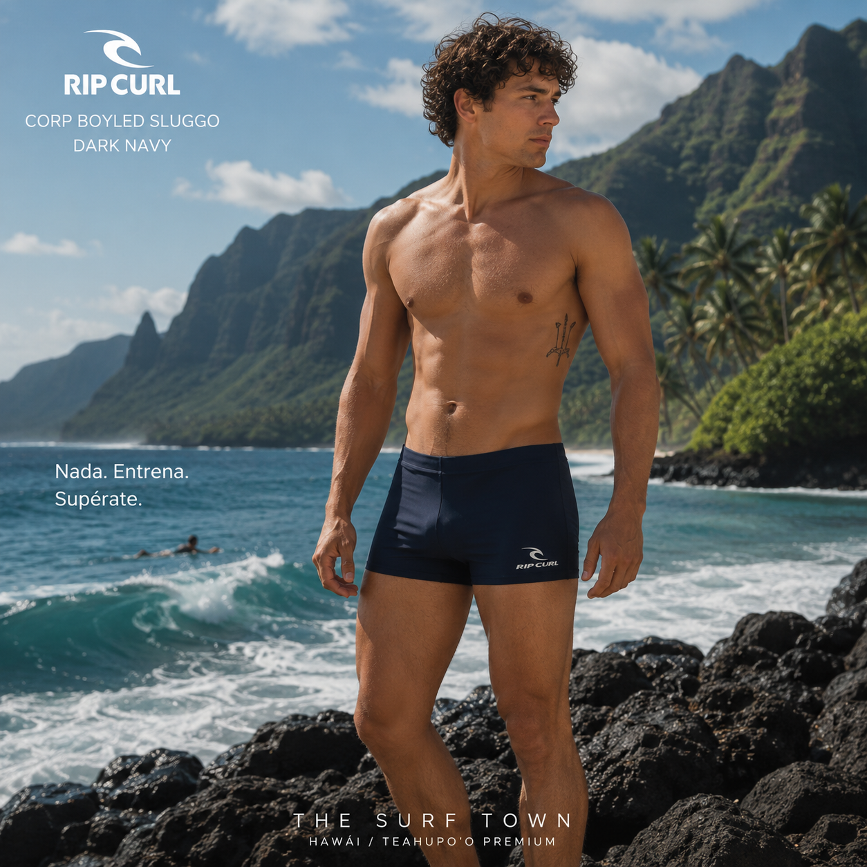 Bañador de Natación Rip Curl Corp Boyled Sluggo Dark Navy en fotografía editorial propia de THE SURF TOWN inspirada en Hawái y el entrenamiento en aguas abiertas