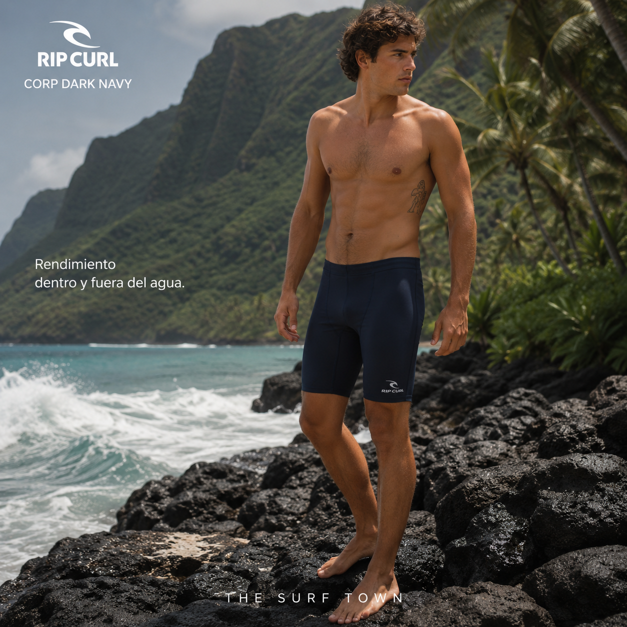 Bañador de Natación Rip Curl Corp Dark Navy en fotografía editorial propia de THE SURF TOWN inspirada en la costa de Hawái y el surf performance