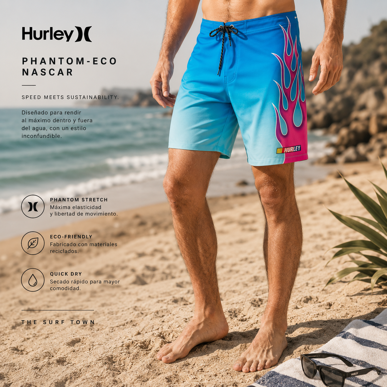 Bañador Hurley Phantom-Eco Nascar azul en fotografía editorial propia de THE SURF TOWN con estilo surf performance y beach lifestyle premium