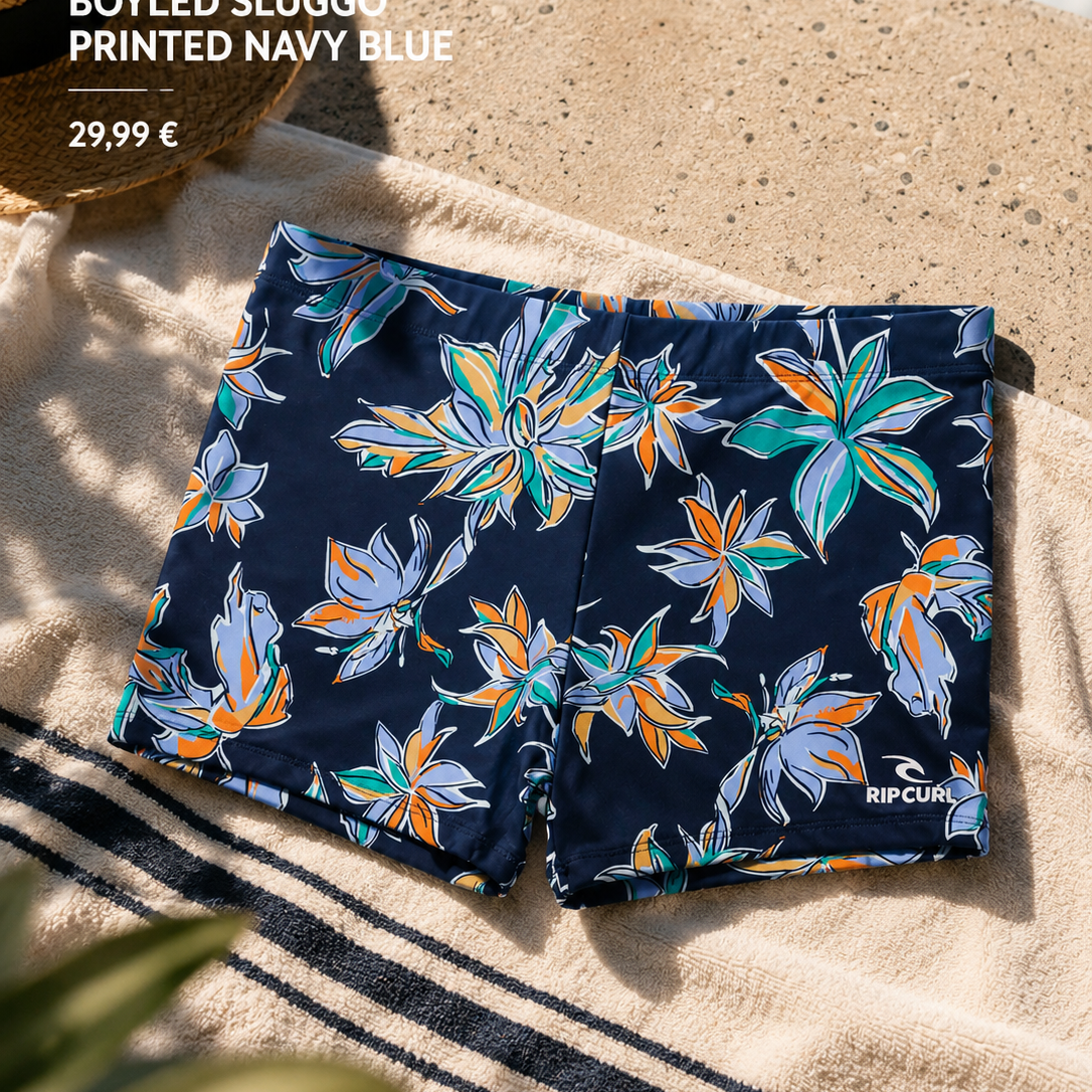 Bañador de natación Rip Curl Corp Boyleg Sluggo Printed Navy Blue sobre toalla de playa en escena surf cinema aesthetic premium