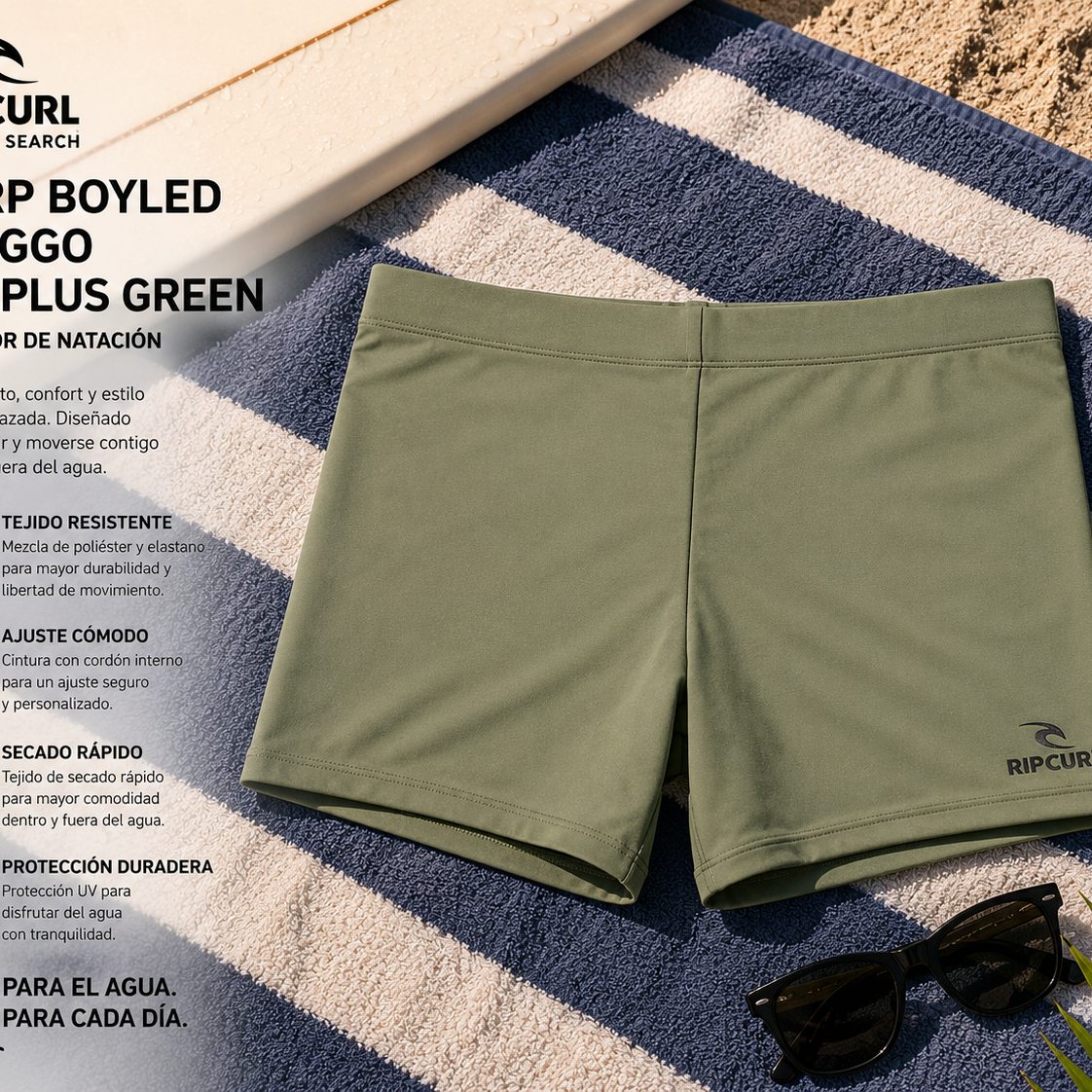 Bañador de natación Rip Curl Corp Boyleg Sluggo Surplus Green sobre toalla de playa en escena surf lifestyle premium