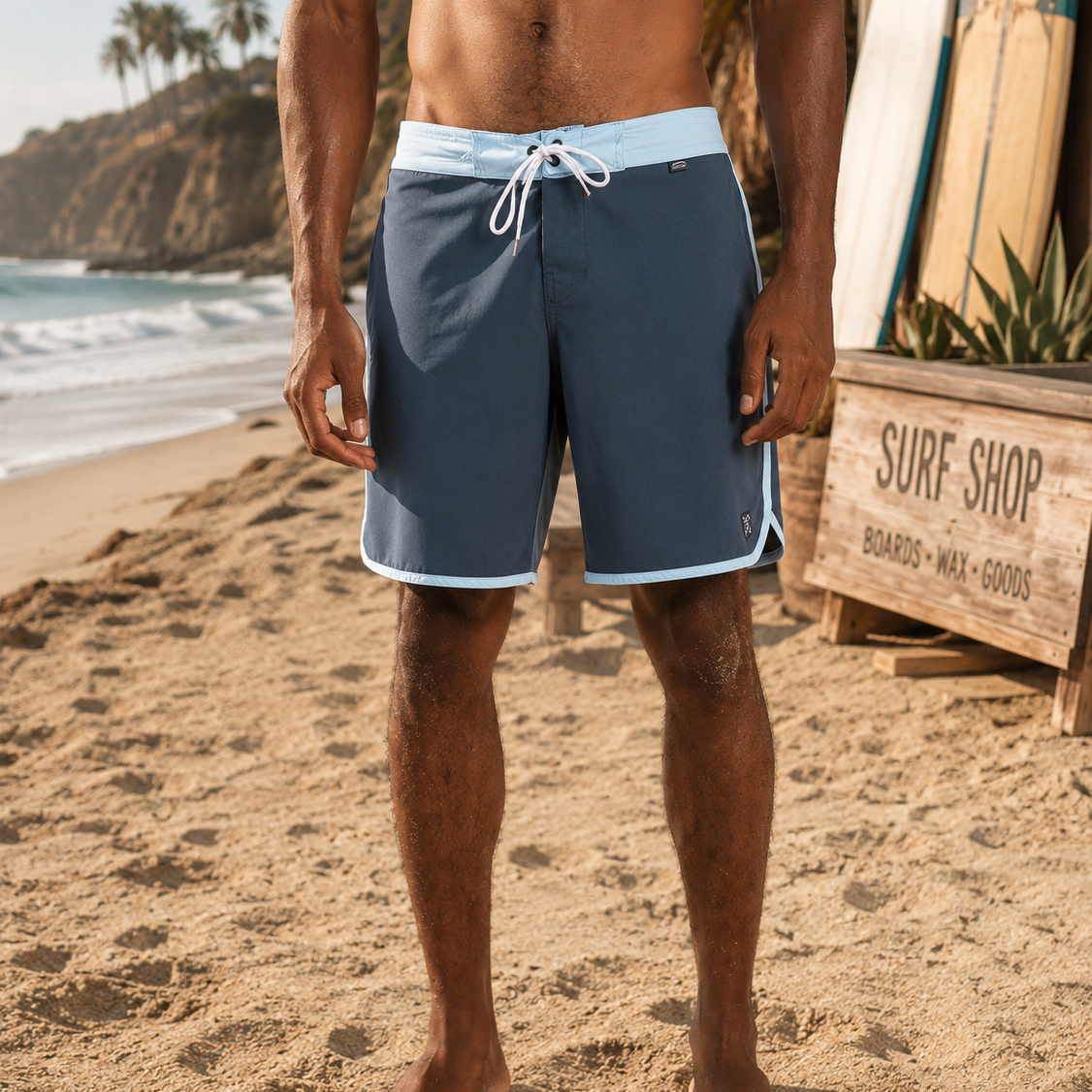 Bañador Oxbow Beachbreak Dusk para hombre en la playa con estilo surf premium junto al mar y ambiente Costa del Sol