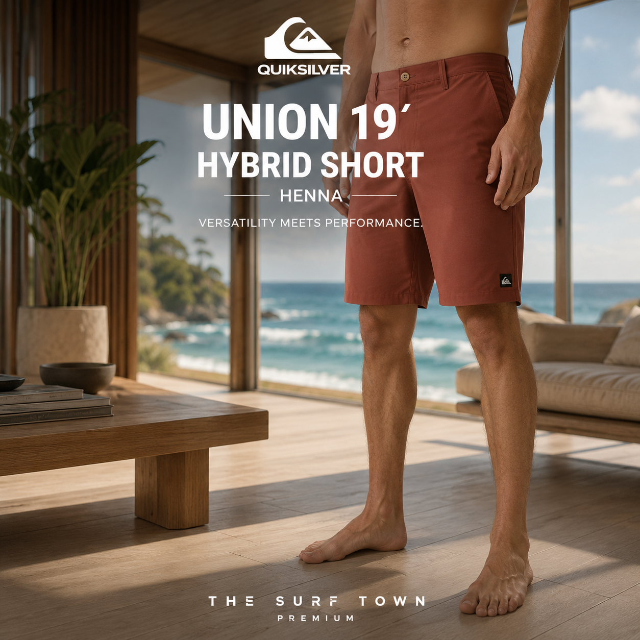 Bañador Quiksilver Híbrido Union 19 Henna con fotografía editorial propia de THE SURF TOWN en interior arquitectónico japonés premium frente al océano