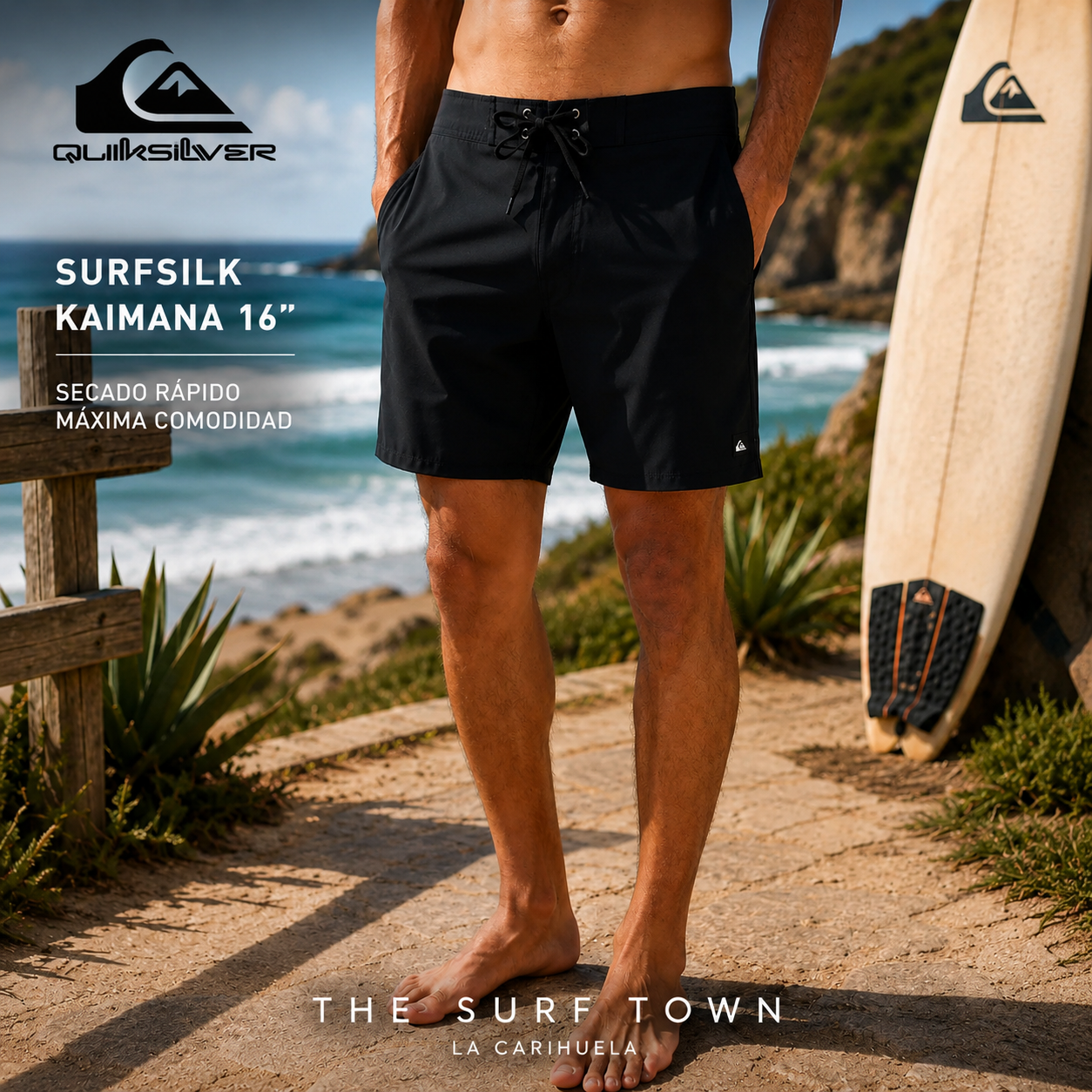 Bañador Quiksilver negro hombre estilo surf lifestyle premium junto al mar