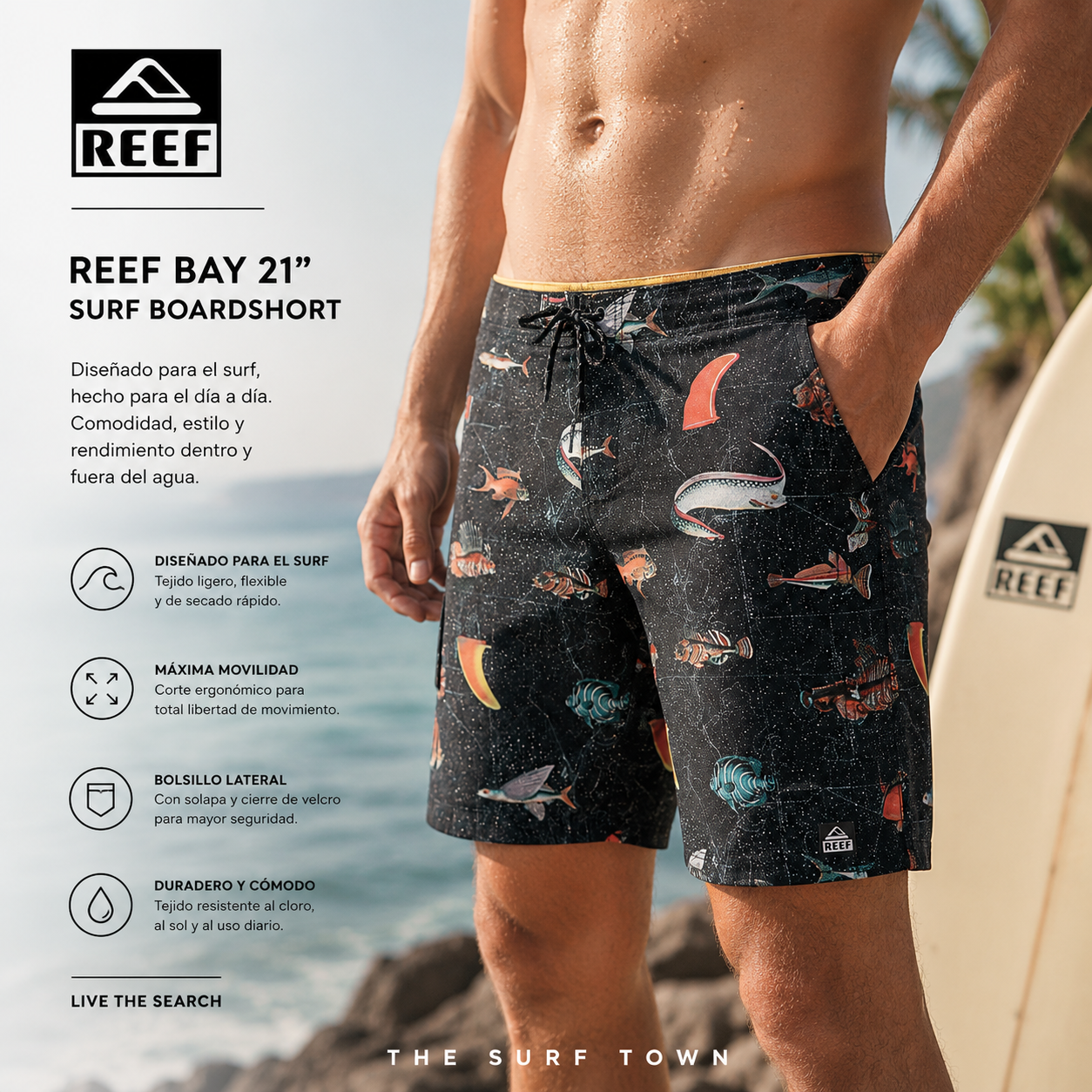 Bañador Reef Bay 21 Surf Boardshort Black para hombre en fotografía editorial propia de THE SURF TOWN con estampado marino y estilo surf lifestyle