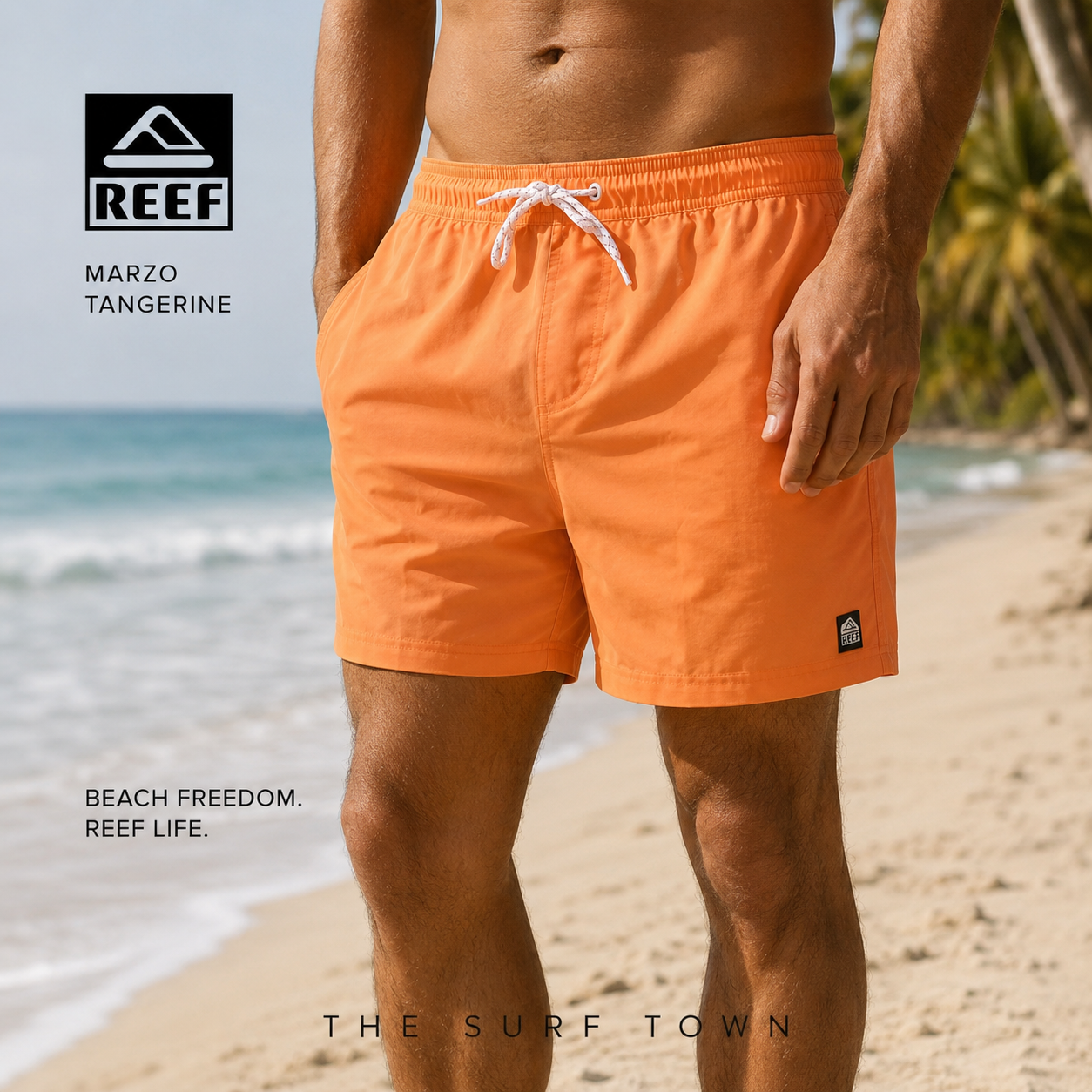 Bañador Reef Marzo Tangerine en fotografía editorial propia de THE SURF TOWN junto a la orilla en surf lifestyle tropical premium