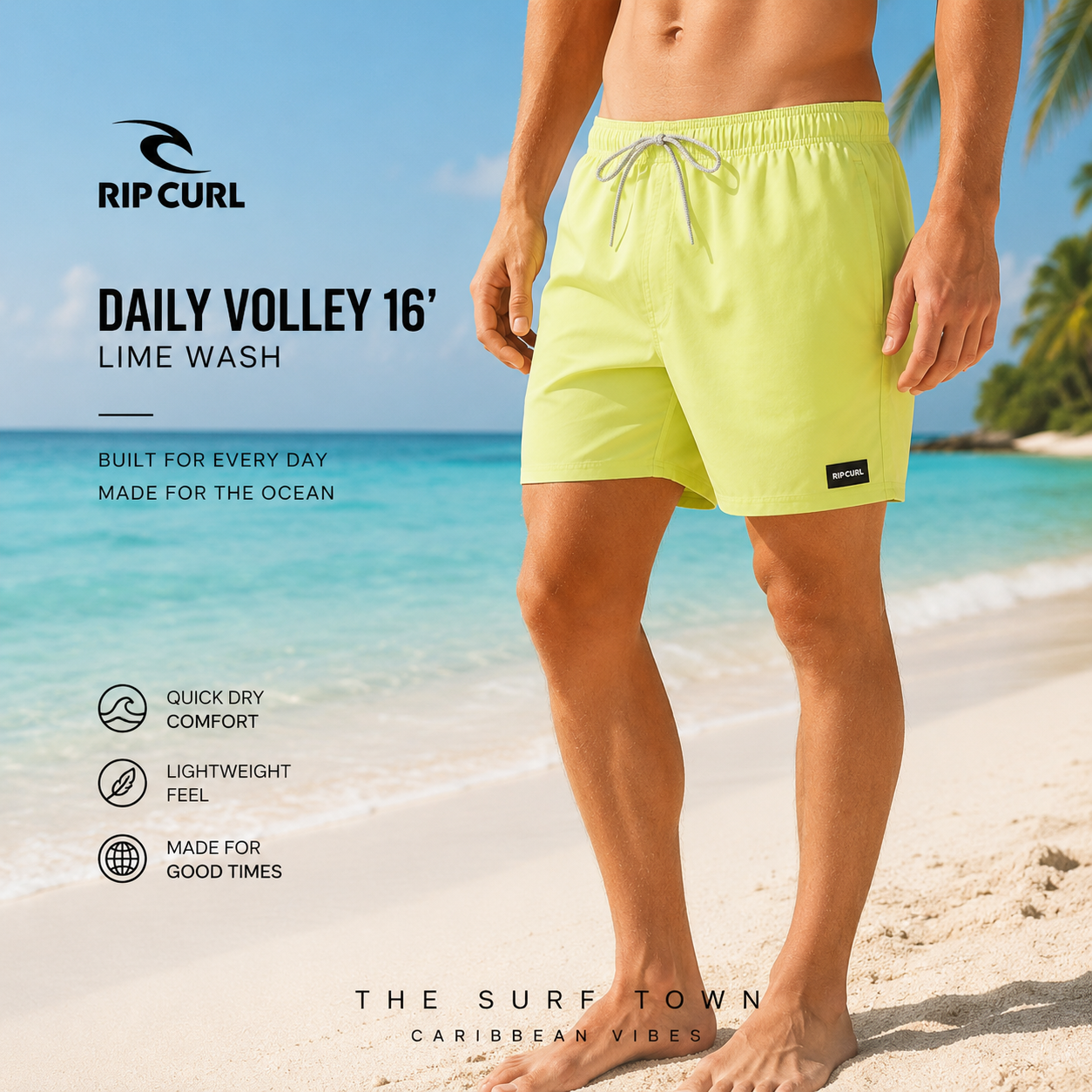 Fotografía propia de THE SURF TOWN del bañador Rip Curl Daily Volley 16 Lime Wash para hombre en una playa caribeña de arena blanca, mar turquesa y ambiente surf lifestyle premium.
