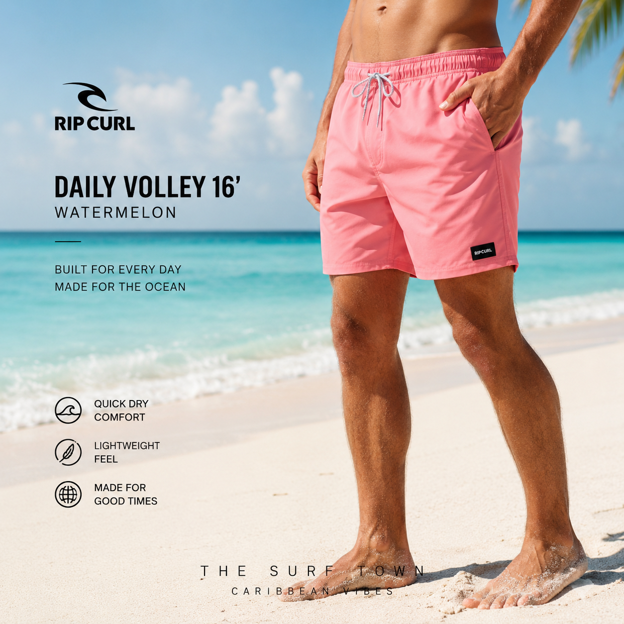 Fotografía propia de THE SURF TOWN del bañador Rip Curl Daily Volley 16 Watermelon para hombre en una playa caribeña de arena blanca y aguas turquesa con ambiente surf lifestyle premium.