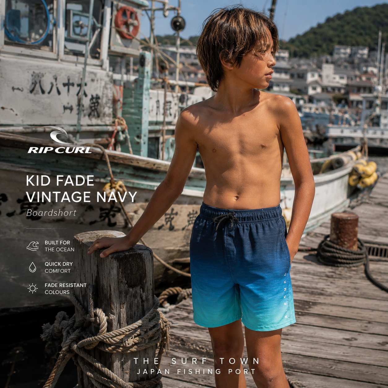 Fotografía propia de THE SURF TOWN del bañador Rip Curl Kid Fade Vintage Navy para niño en un puerto pesquero japonés con barcos tradicionales, muelle de madera y ambiente surf lifestyle premium.