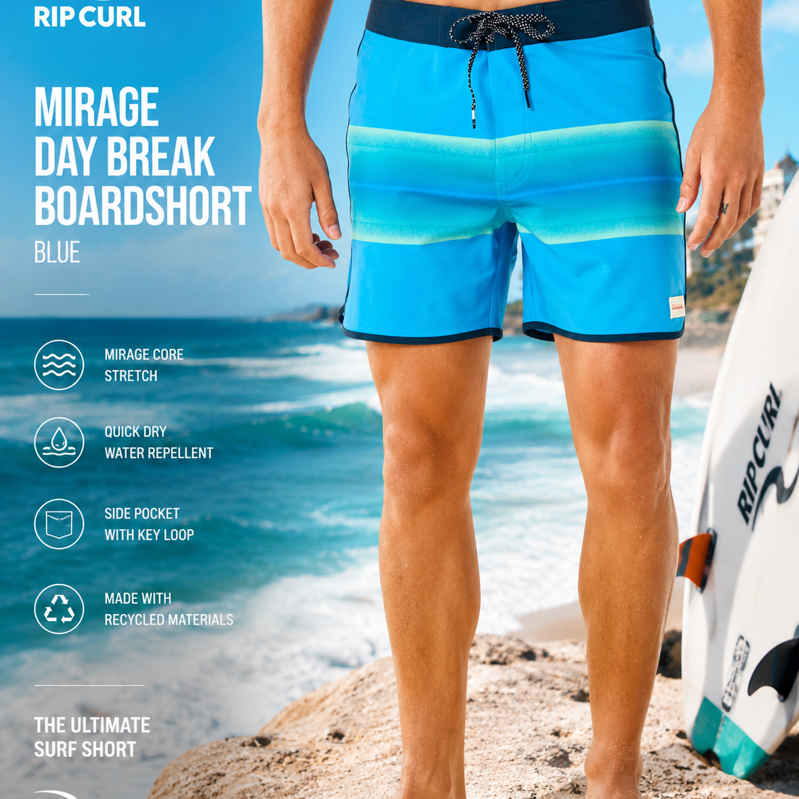 Bañador Rip Curl Mirage Retro Mumma Blue Paint en playa surf con olas y estética surf performance premium