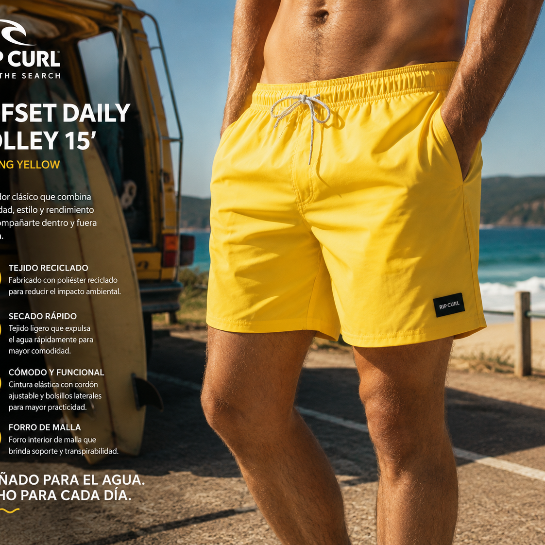 Bañador Rip Curl Offset Daily Volley 15 Blazing Yellow hombre en escena surf cinema aesthetic con boardshort amarillo premium